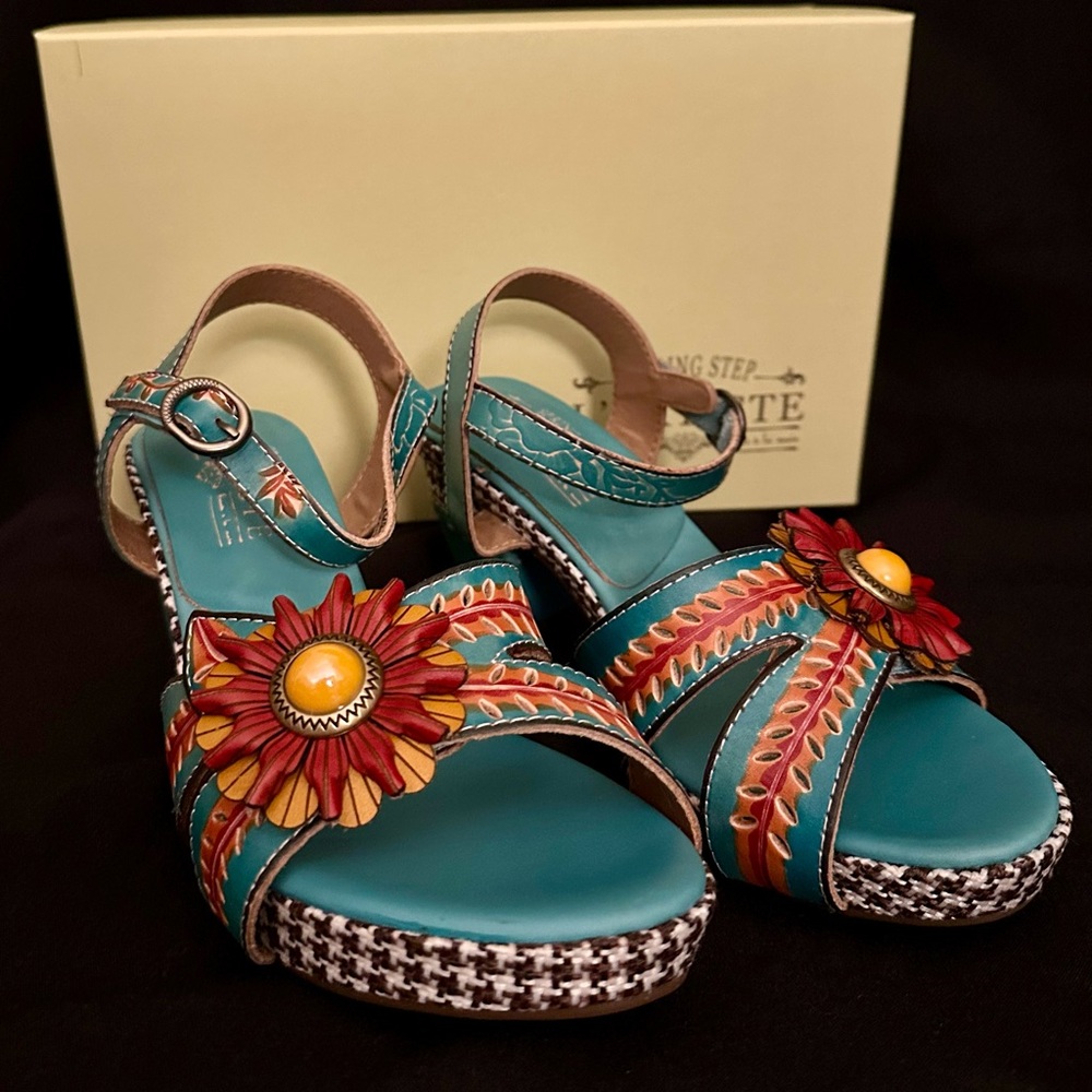 Spring Step Blue and Red Sandals with Floral Design